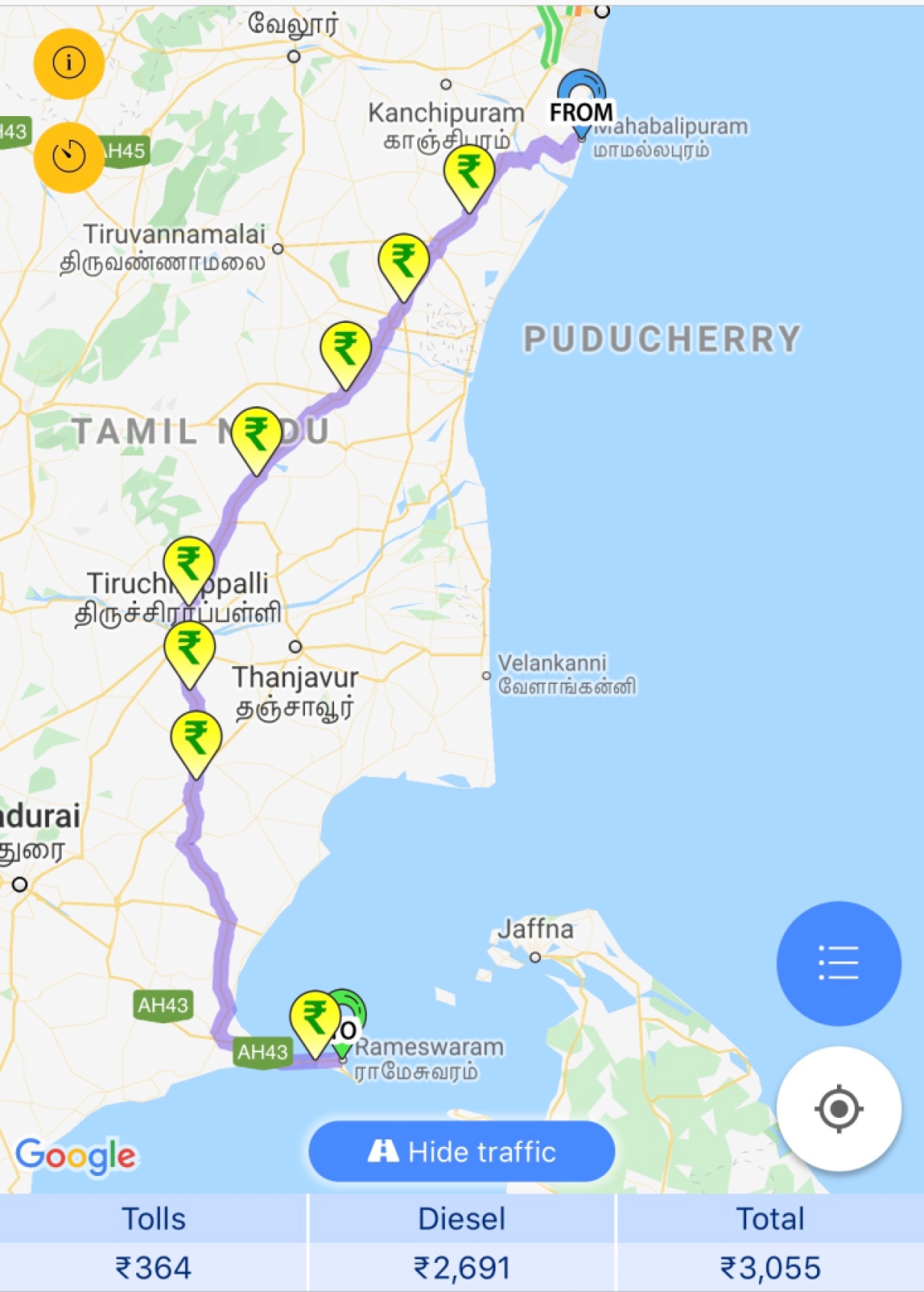 Mahabalipuram to Rameswaram Fuel and Toll details